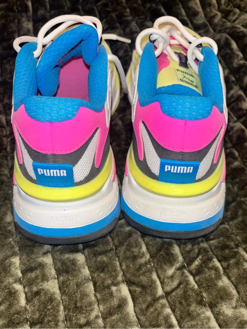 Puma White Neon Yellow Pink Blue Tennis Shoes / Grade School size 6